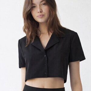 Sunday Best Cropped Blouse Women’s L Black Button Front Chic Office Minimal